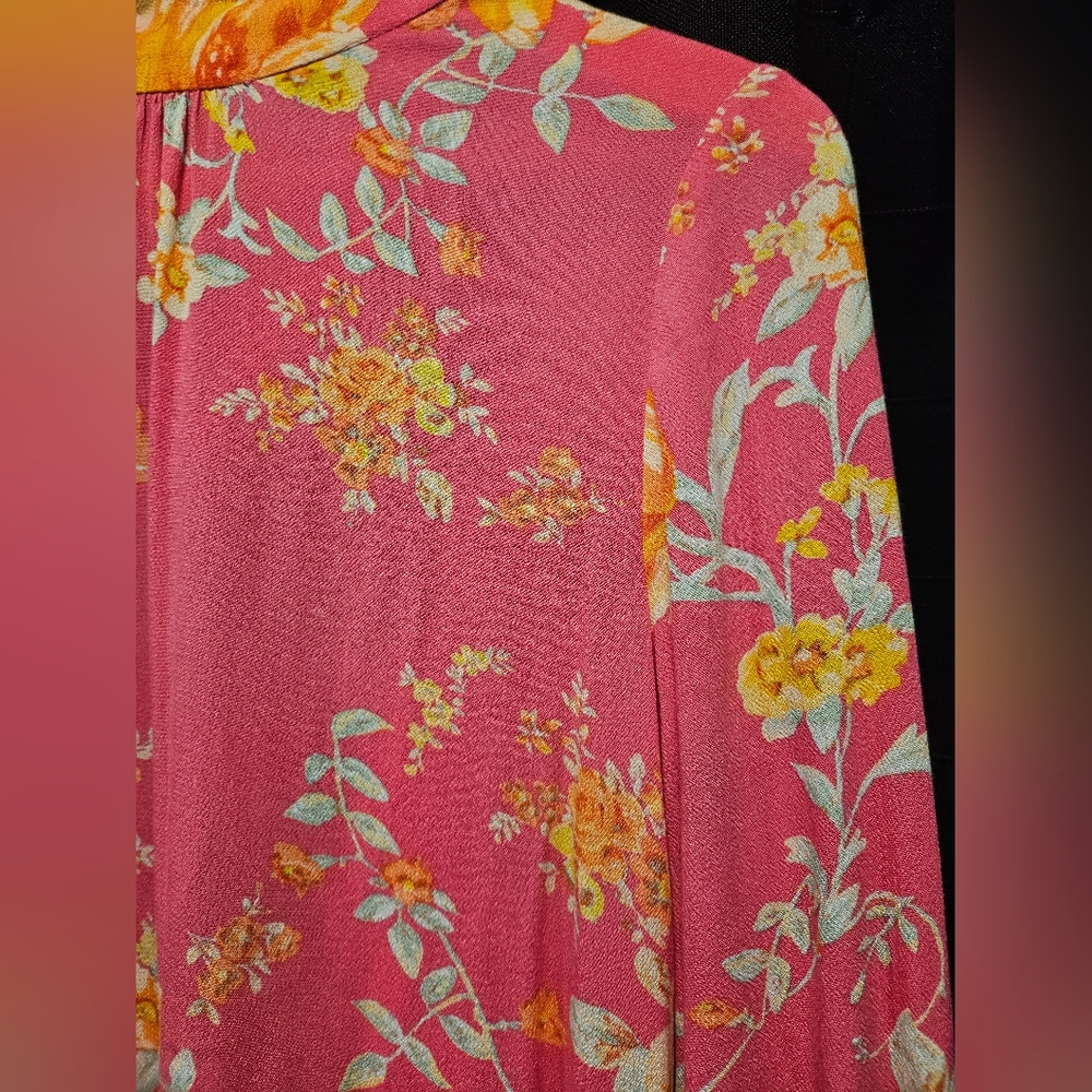 Free People Boho Pink Floral Open Back Bell Sleeve Tunic Mini Dress - Picture 9 of 10